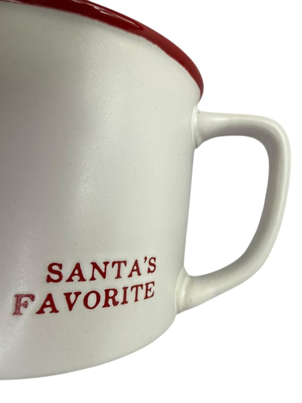 SANTA'S FAVORITE Mug Cup. White with Red Rim.  Santa Barbara Design Studio